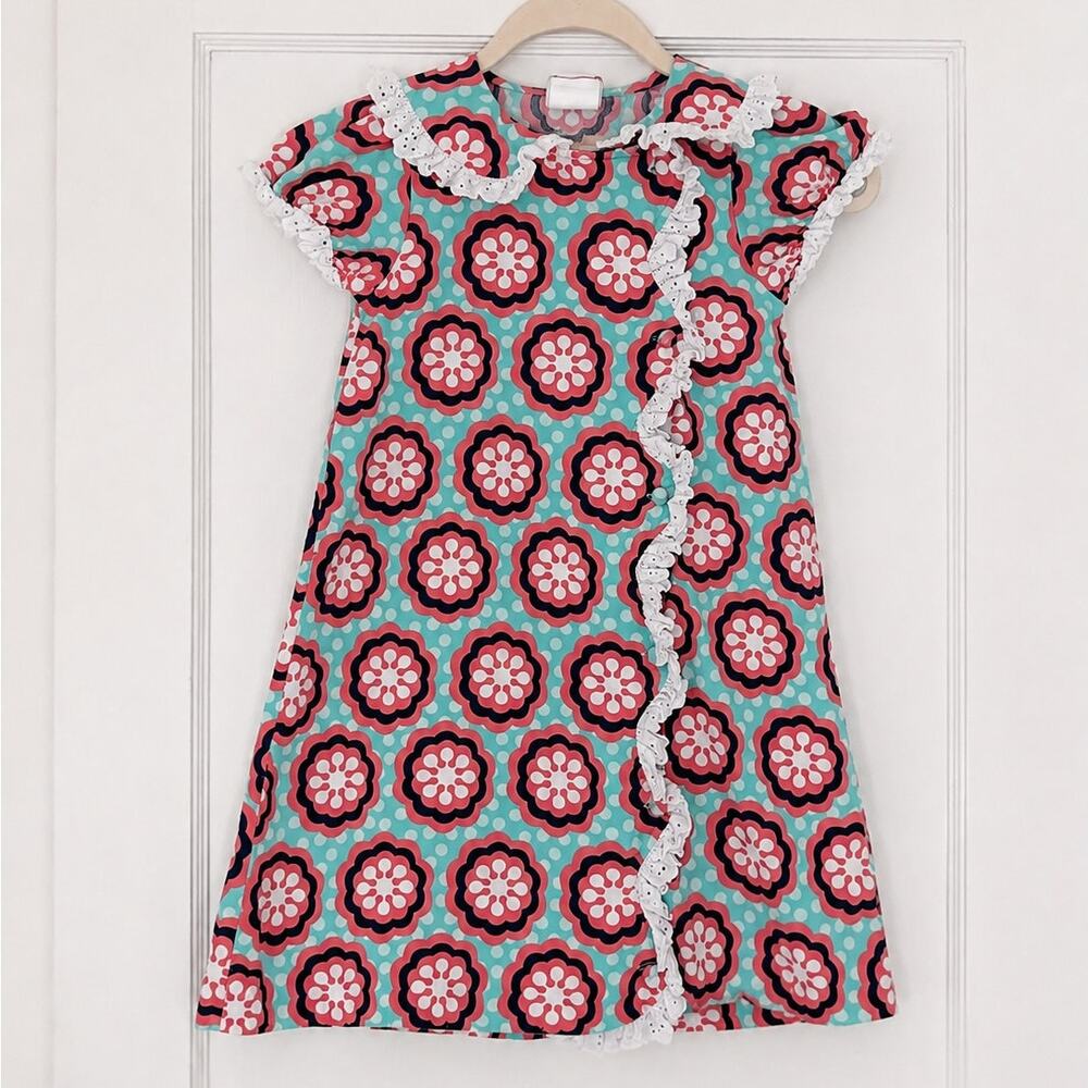 Shrimp & Grits Kids Girls Floral Ruffle Dress Size 6 Aqua Coral 100% Cotton
